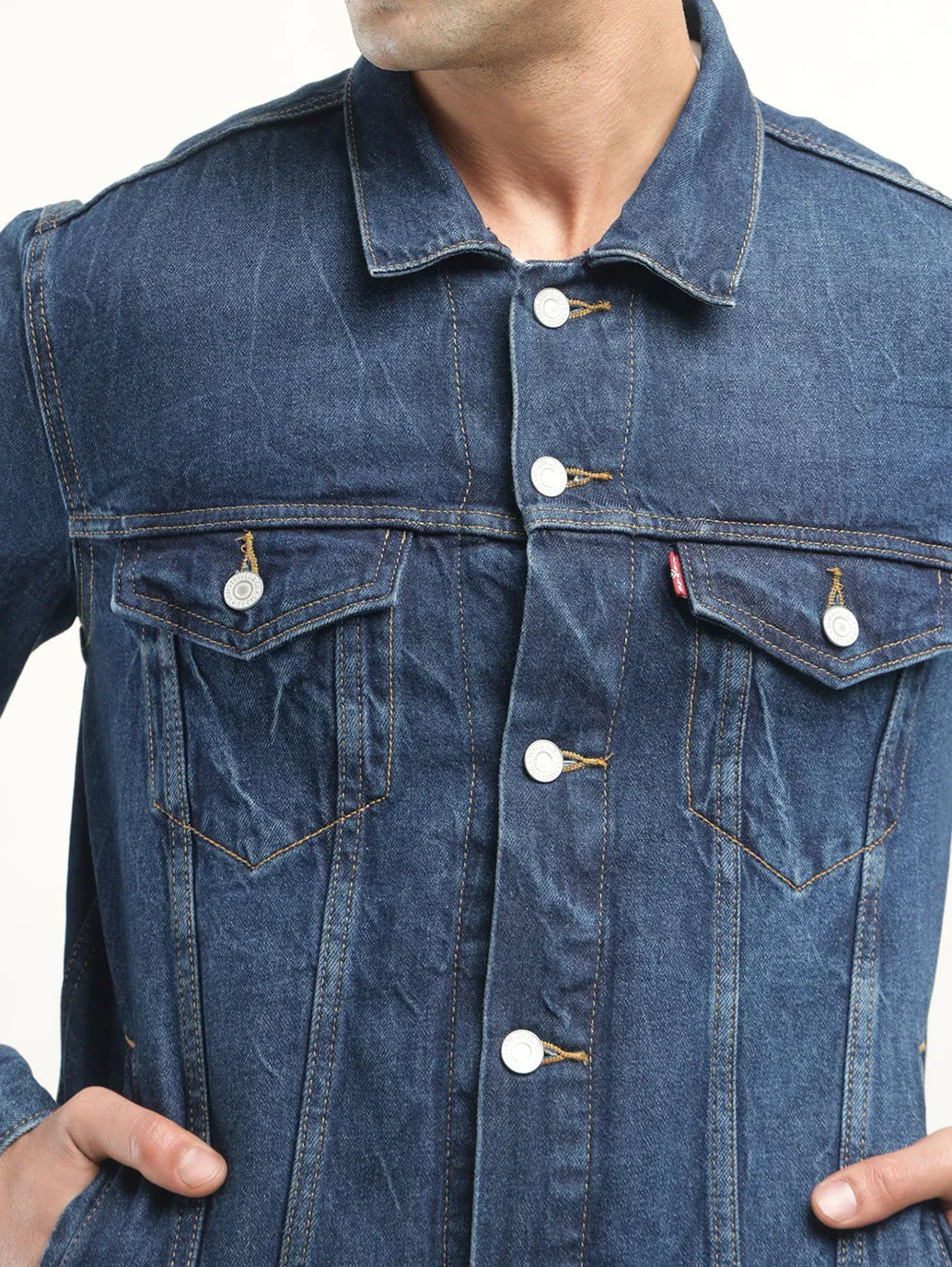 Men's Solid Dark Blue Spread Collar Jacket