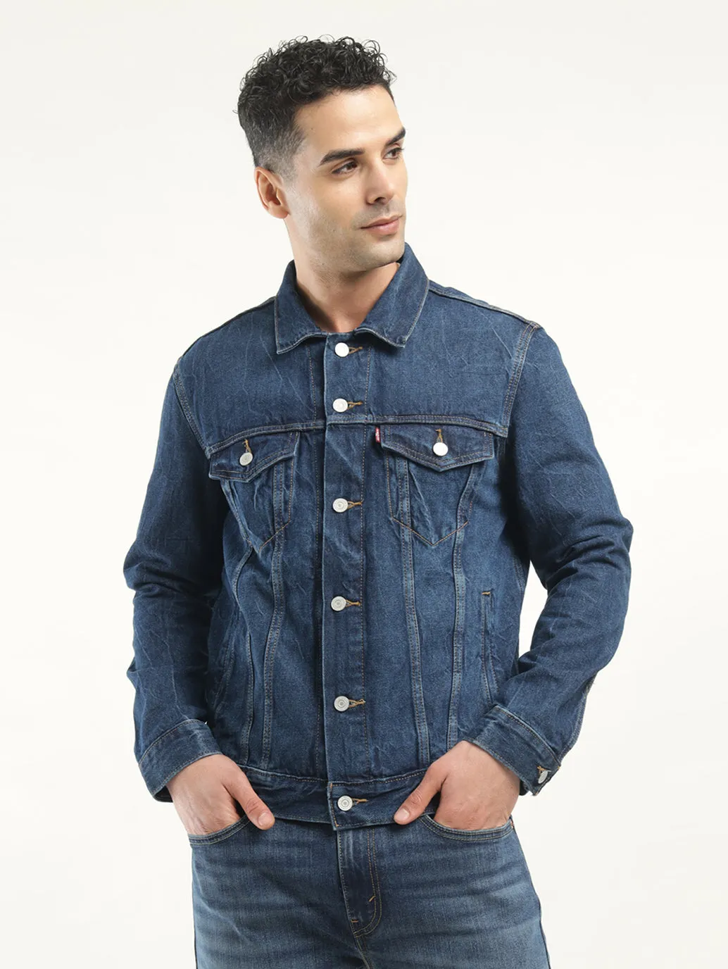 Men's Solid Dark Blue Spread Collar Jacket