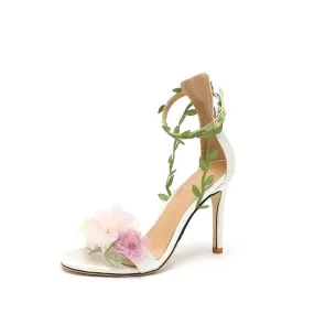 Pre Order:  Pink Chiffon Flower Vine Strap High Heel Sandals