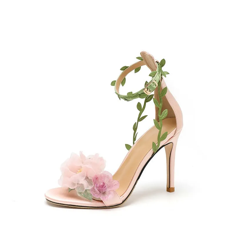 Pre Order:  Pink Chiffon Flower Vine Strap High Heel Sandals