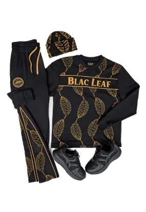 Premium Embroidered Leaf Pattern Crewneck Bundle, Flare Jogger, and Beanie (Sneakers Not Included)