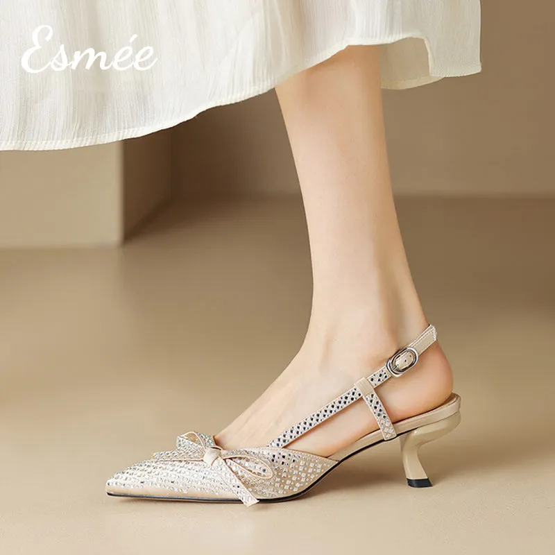 Silk High Heel Slingback with Rhinestone Design