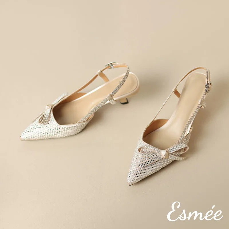 Silk High Heel Slingback with Rhinestone Design