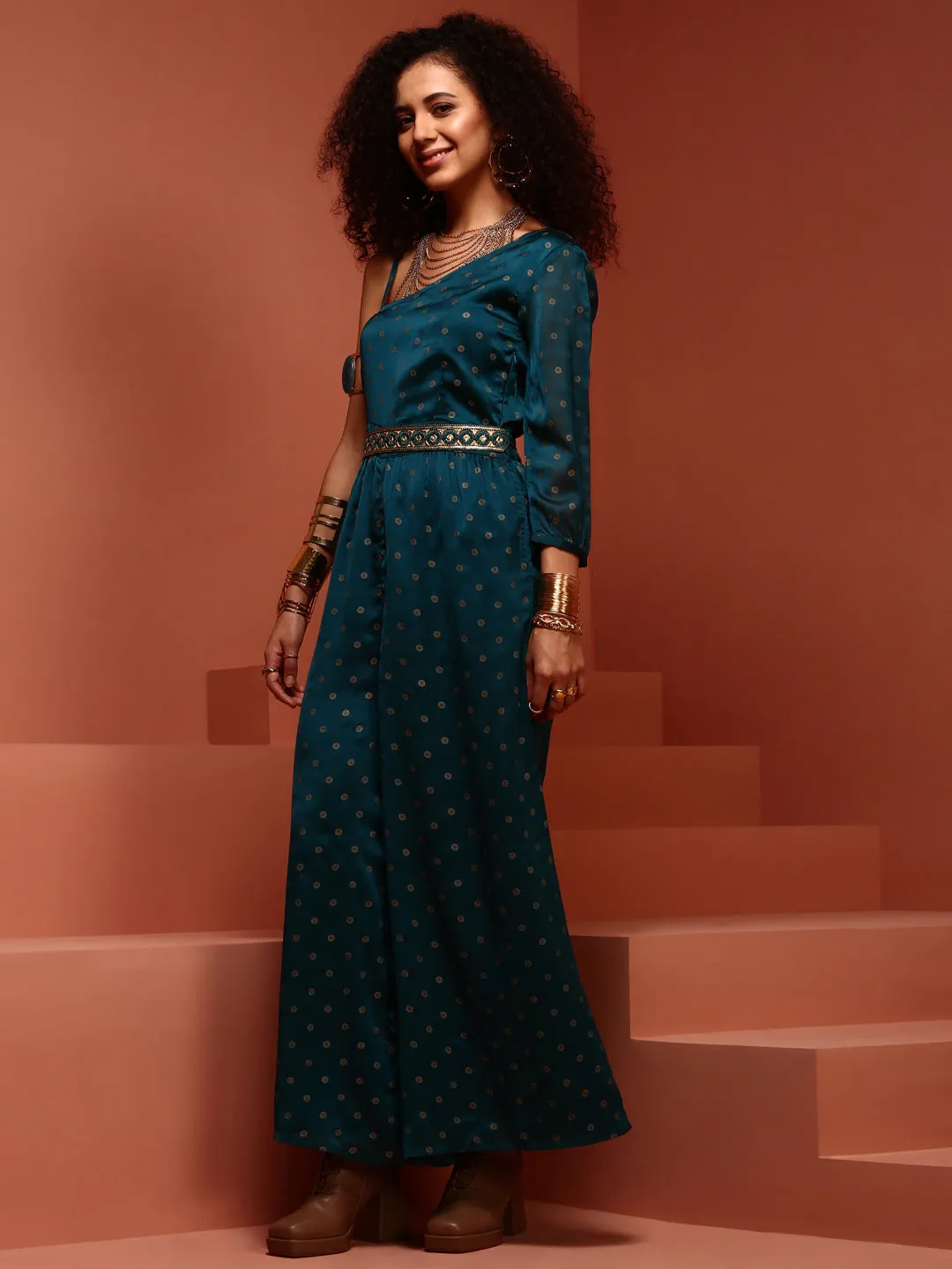 Teal Printed Chiffon One Shoulder Jumpsuit